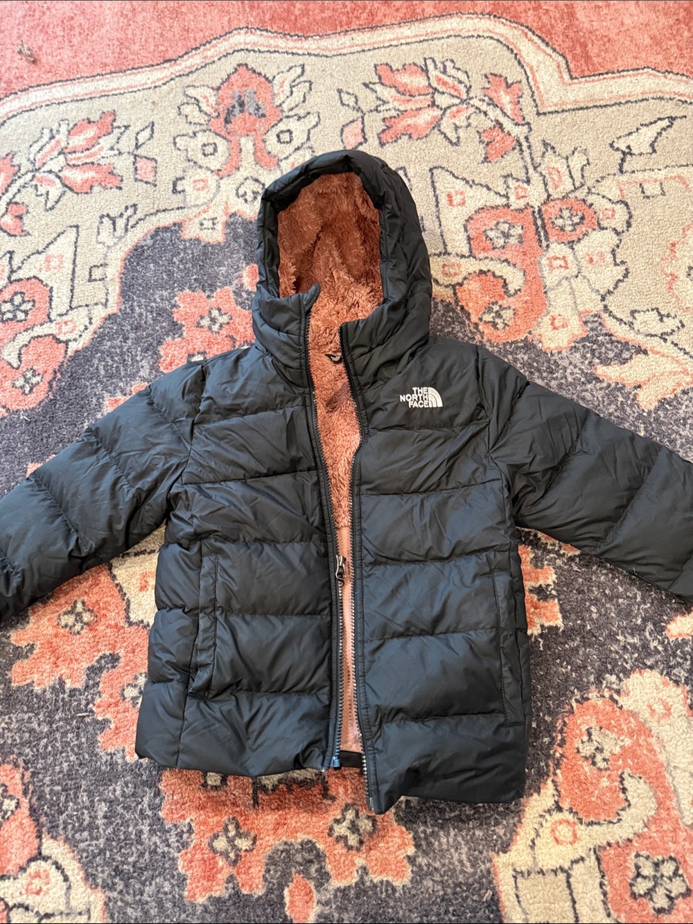 The North Face Kids Black Puffer Jacket with Brown Faux-Fur Lining